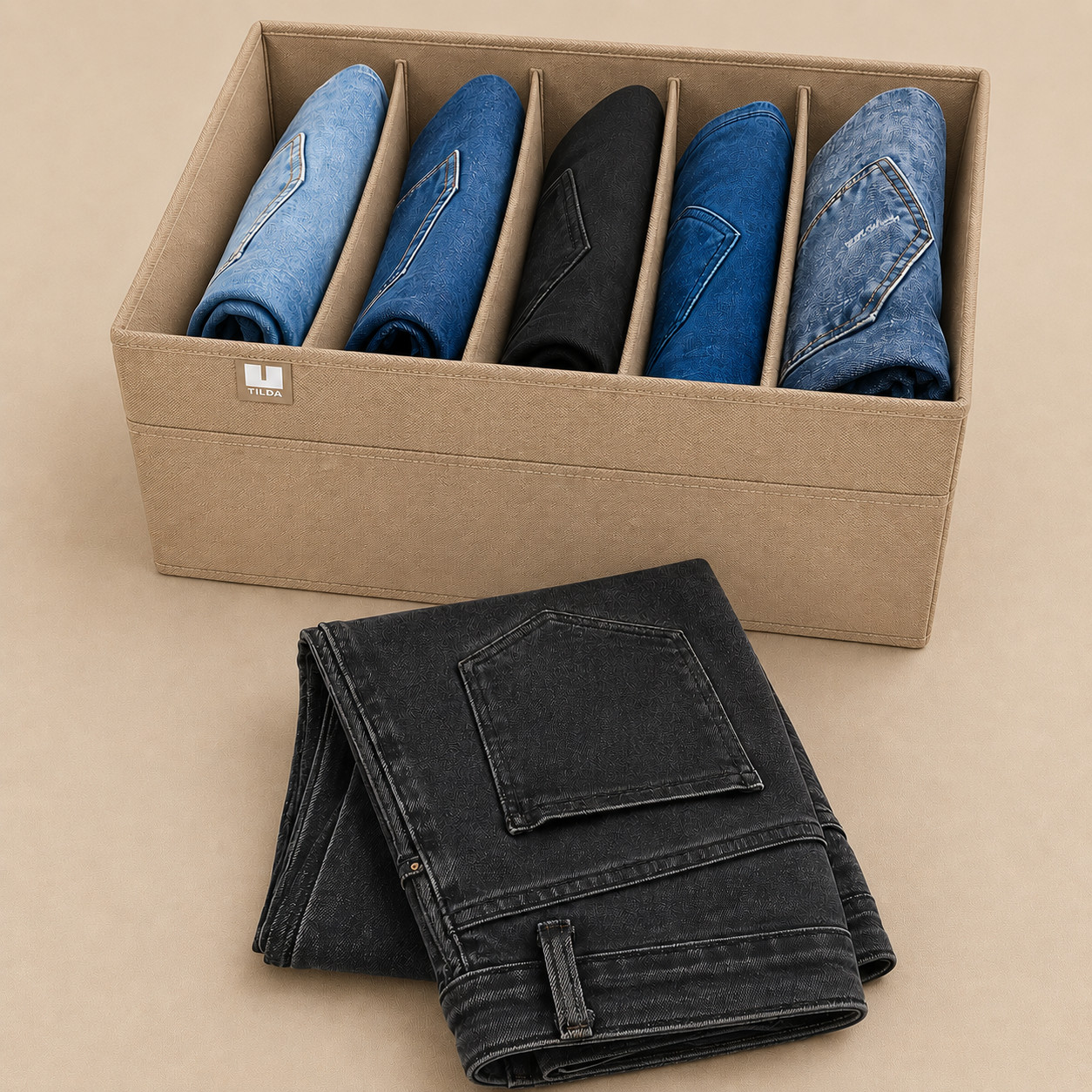 Boite rangement 5 compartiments , Djeans,  serviette de bain, pulls