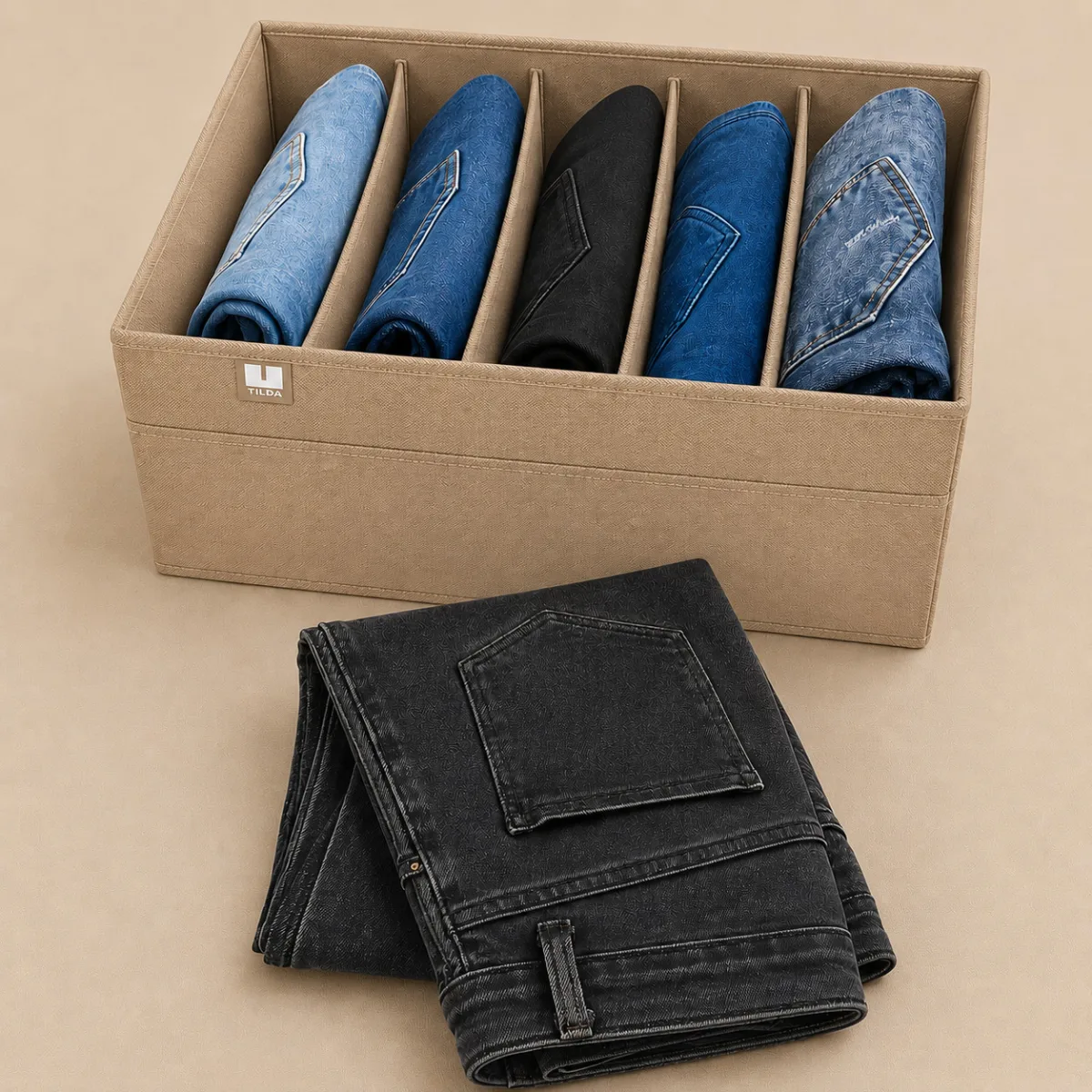 Boite rangement 5 compartiments , Djeans,  serviette de bain, pulls
